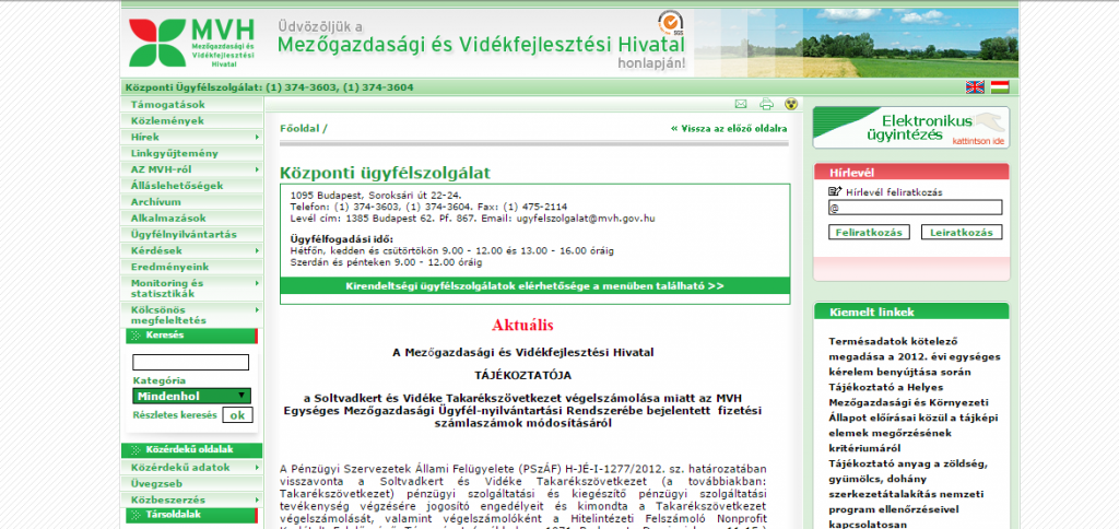 Az MVH honlapja 2012-ben.