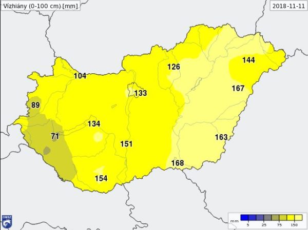 A vízhiány az ország nagy részén meghaladja a 100 mm-t, a Tiszántúlon a 150 mm-t is (Ábra: met.hu)