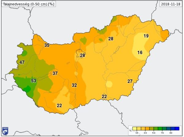 A Kapuvár-Keszthely-Nagyatád vonaltól nyugatra van leginkább nedvesség a talajban, máshol rendkívül száraz a föld (Forrás: MET.hu)