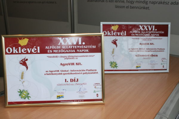 Egy elismerést és egy 1. helyet is kapott az AgroVIR csapata a XXVI. Alföldi Állattenyésztési és Mezőgazda Napok pályázatán