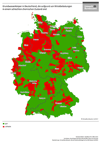 Az érzékeny vörös zónák Németország térképén - forrás: www.umweltbundesamt.de