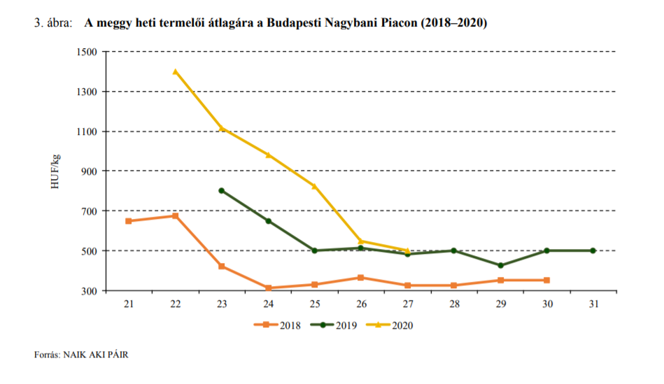 A meggy heti termelői átlagára a Budapesti Nagybani Piacon (2018–2020)