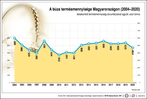 A búza termésmennyisége Magyarországon, 2004-2020 - betakarított termésmennyiség durumbúzával együtt, ezer tonna