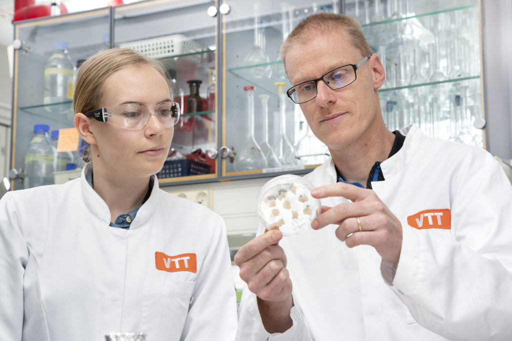 Elviira Kärkkäinen és Heiko Rischer vizsgálja a laborkávé készítésének folyamatát a VTT laboratóriumában