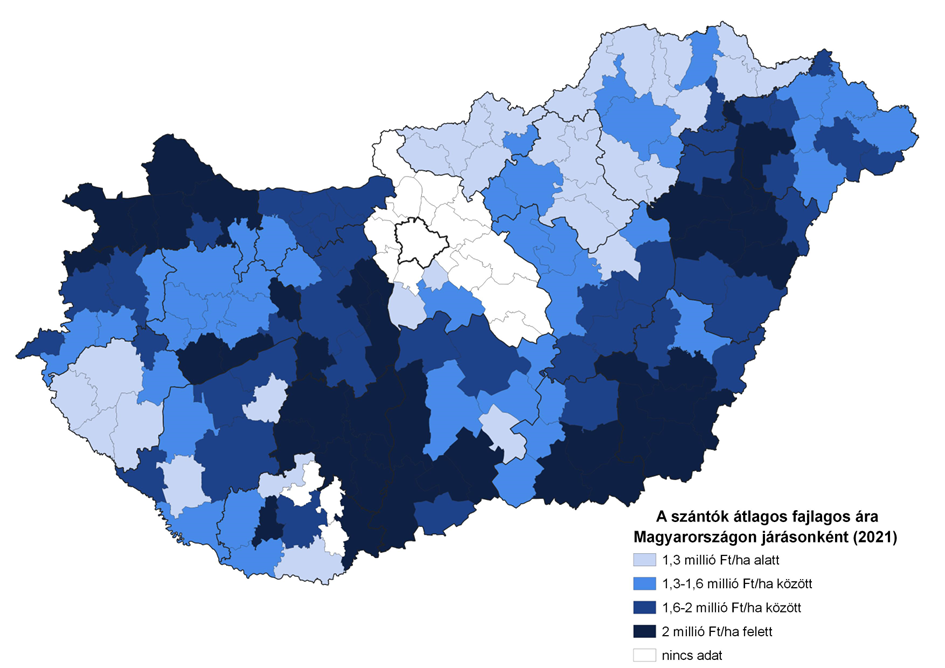 1. térkép: A szántóföldek átlagárai 2021-ben Magyarországon járásonként