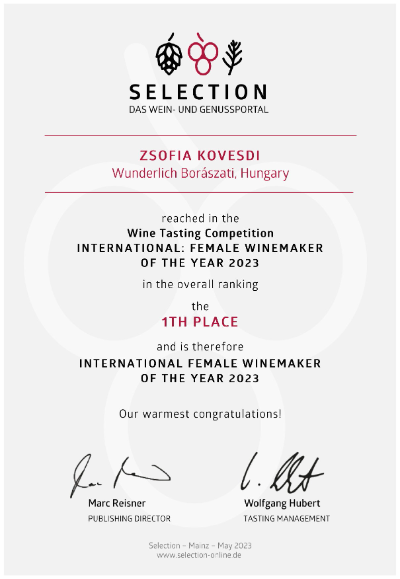 Kövesdi Zsófia kapta az "Év Nemzetközi Női Borásza 2023" díjat a német selection-online.de-n - Az elismerő oklevél